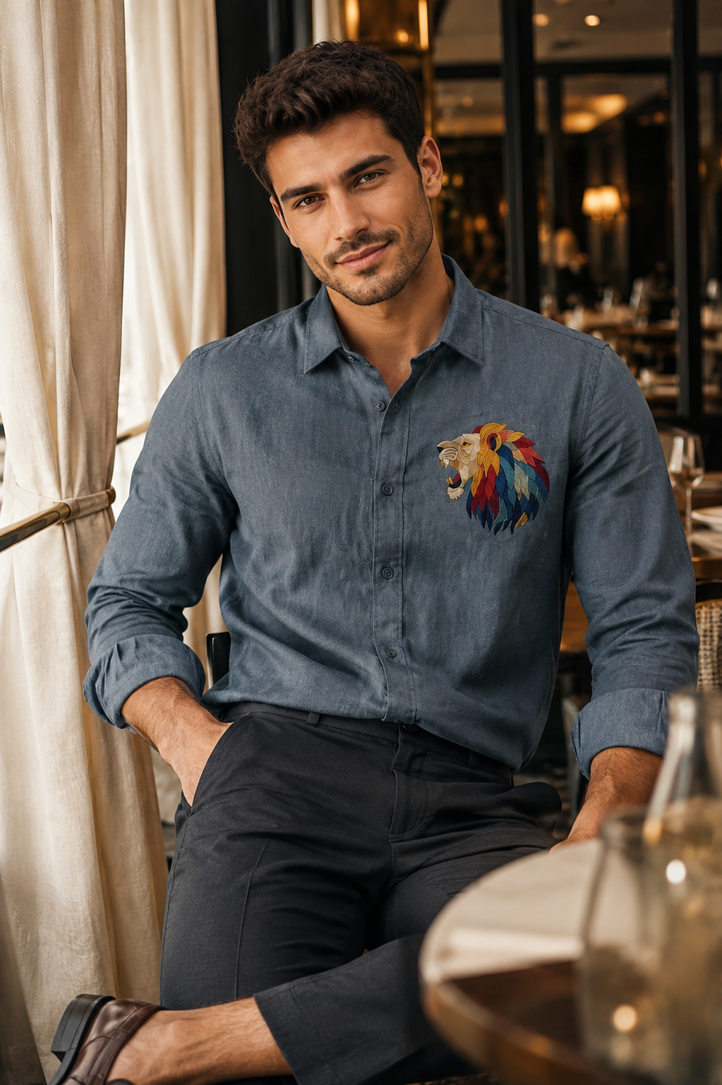 Riviera Royal Lion Embroidered Shirt – Slate Grey
