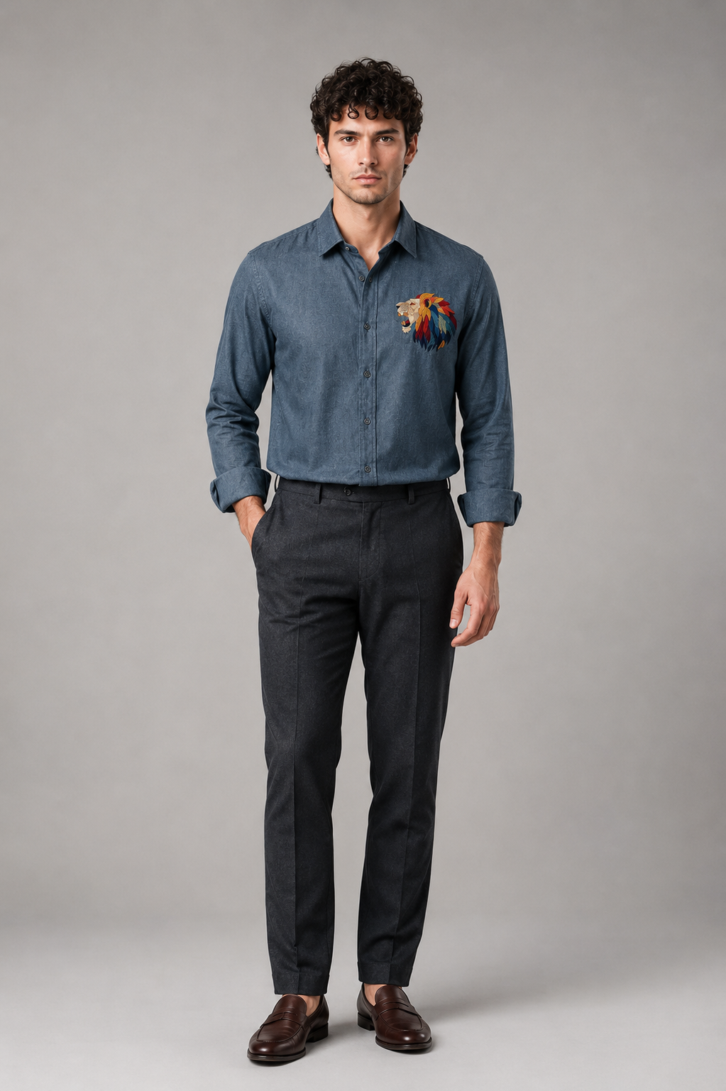 Riviera Royal Lion Embroidered Shirt – Slate Grey