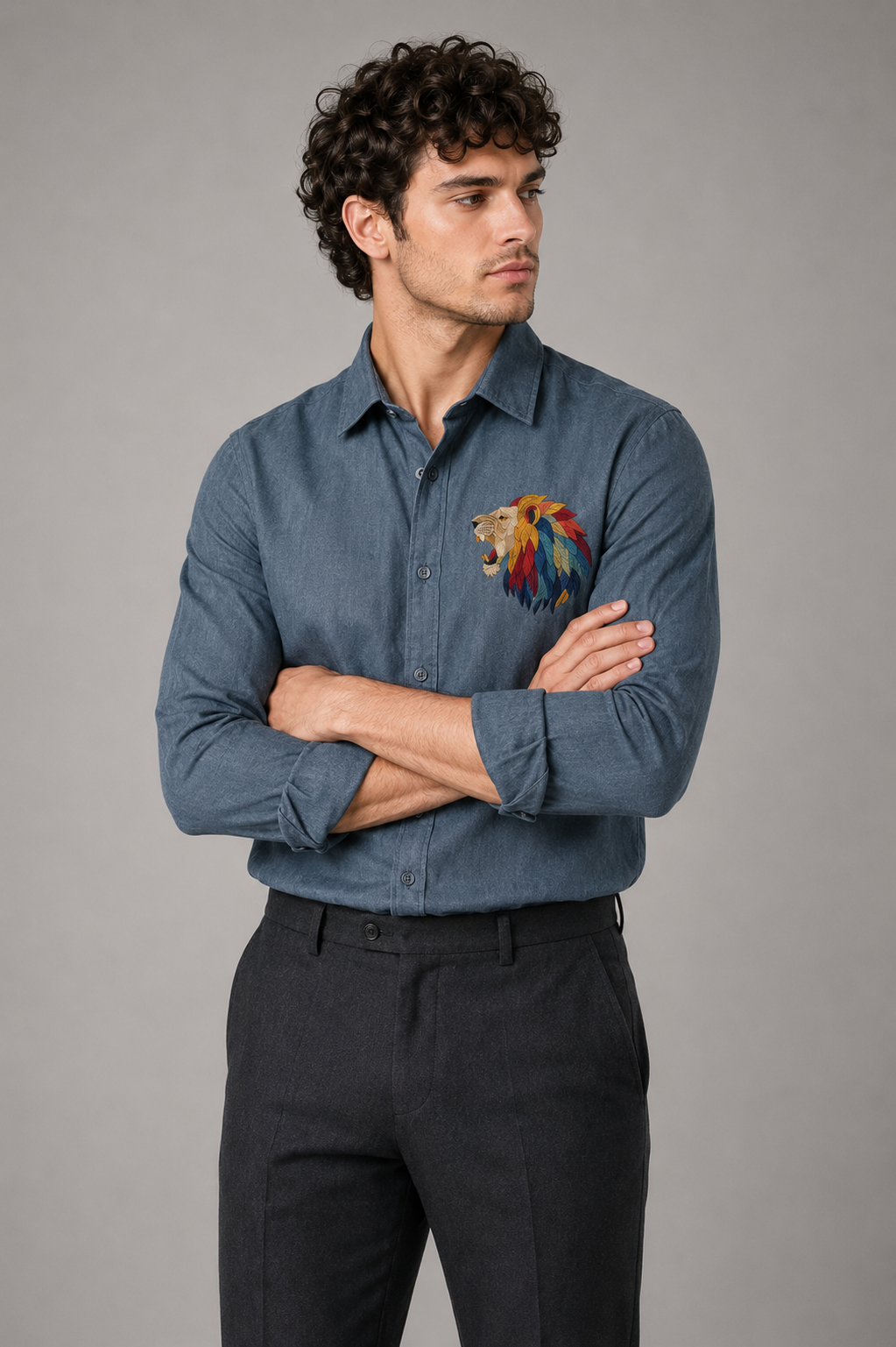 Riviera Royal Lion Embroidered Shirt – Slate Grey