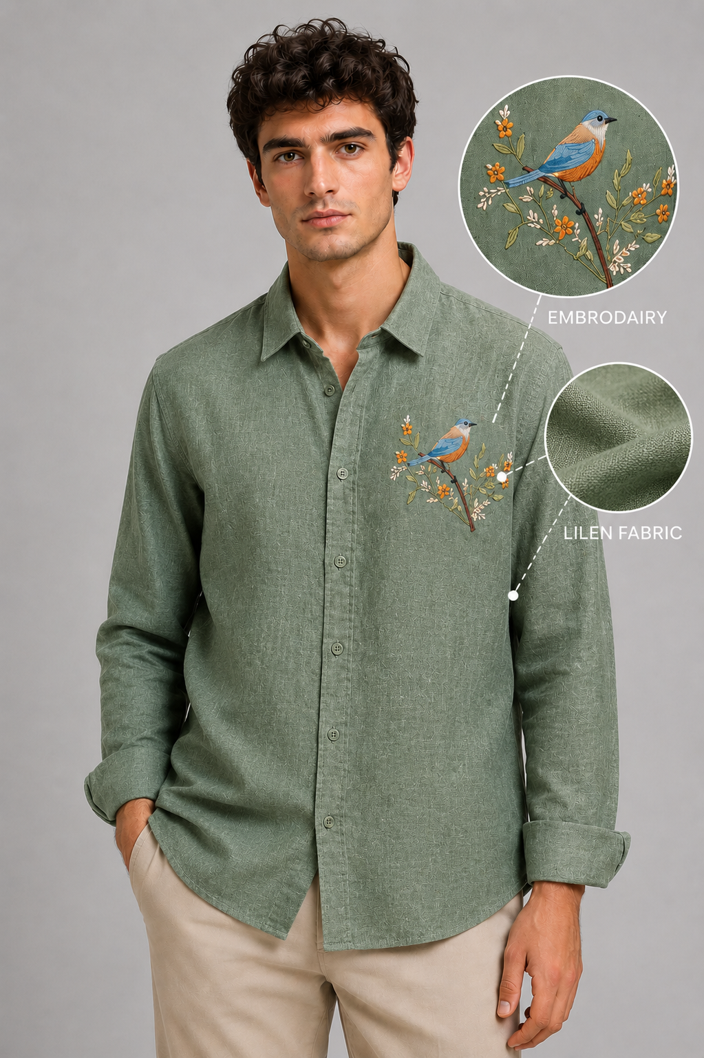 Riviera Woodland Bird Embroidered Shirt – Forest Green