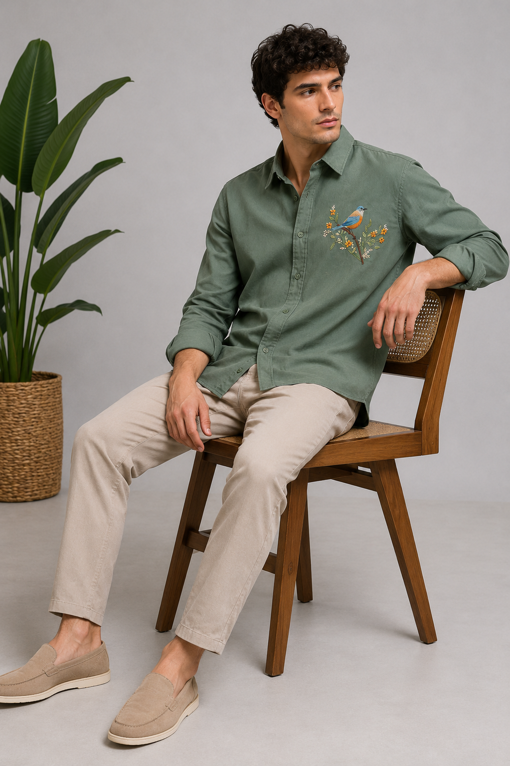 Riviera Woodland Bird Embroidered Shirt – Forest Green
