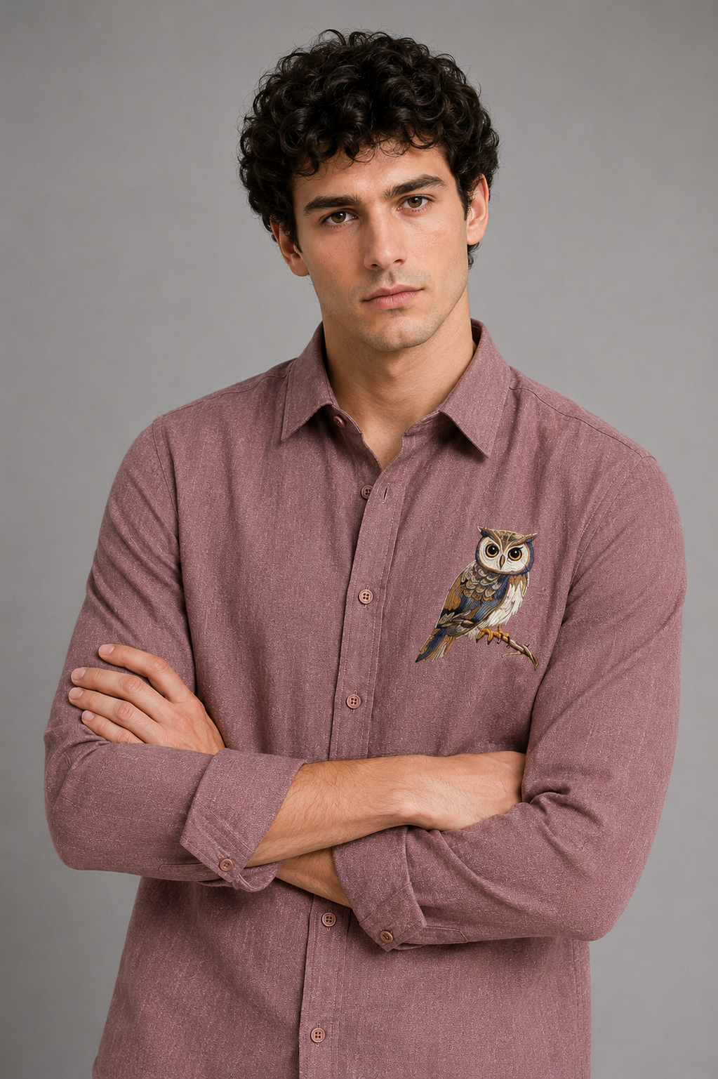 Night Crest Owl Embroidered Shirt – Rustic Brown