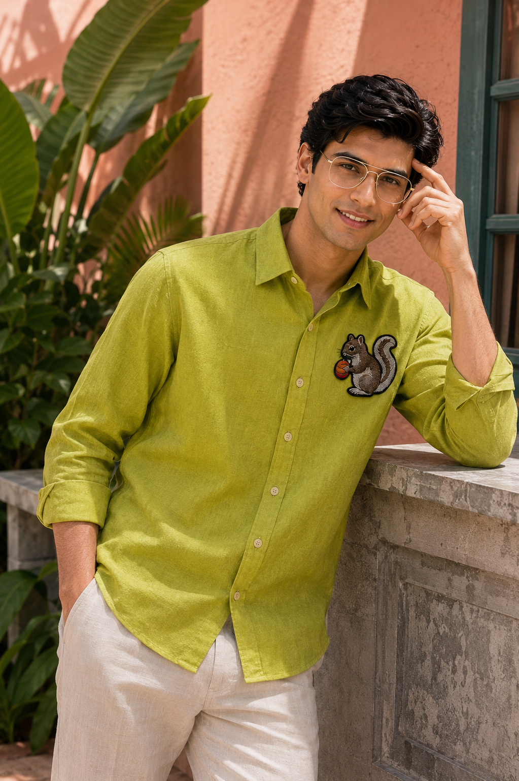 Nutcrest Squirrel Embroidered Shirt – Lime Green