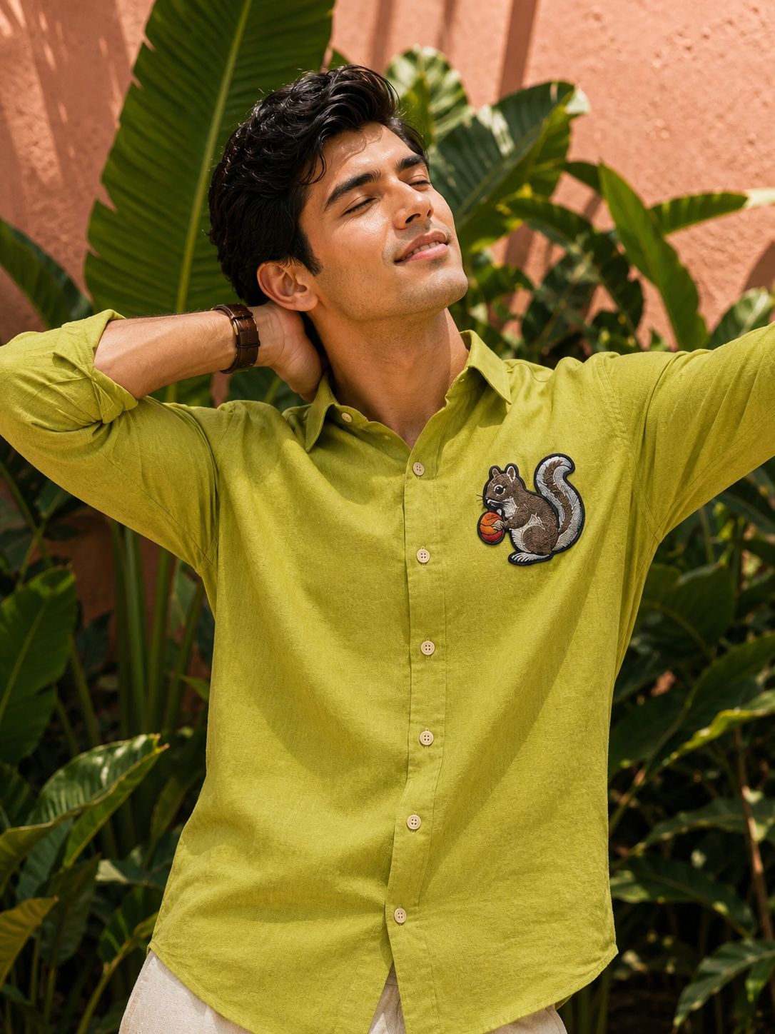 Nutcrest Squirrel Embroidered Shirt – Lime Green