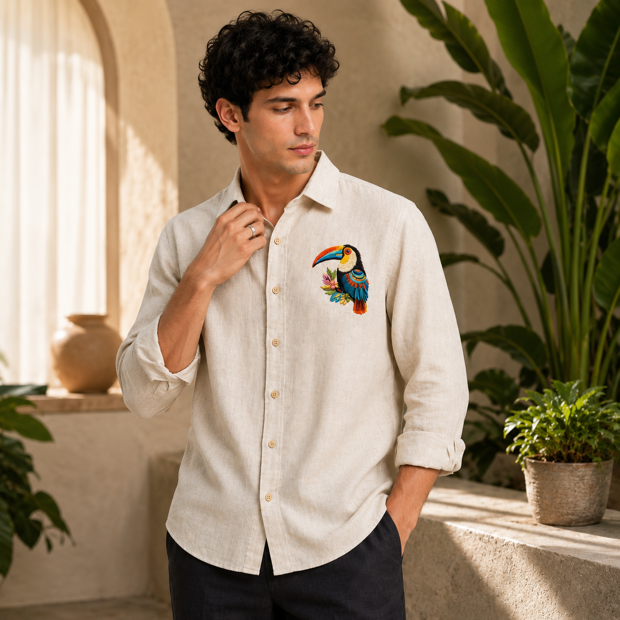 Tropical Toucan Embroidered Linen Shirt – Beige Edition