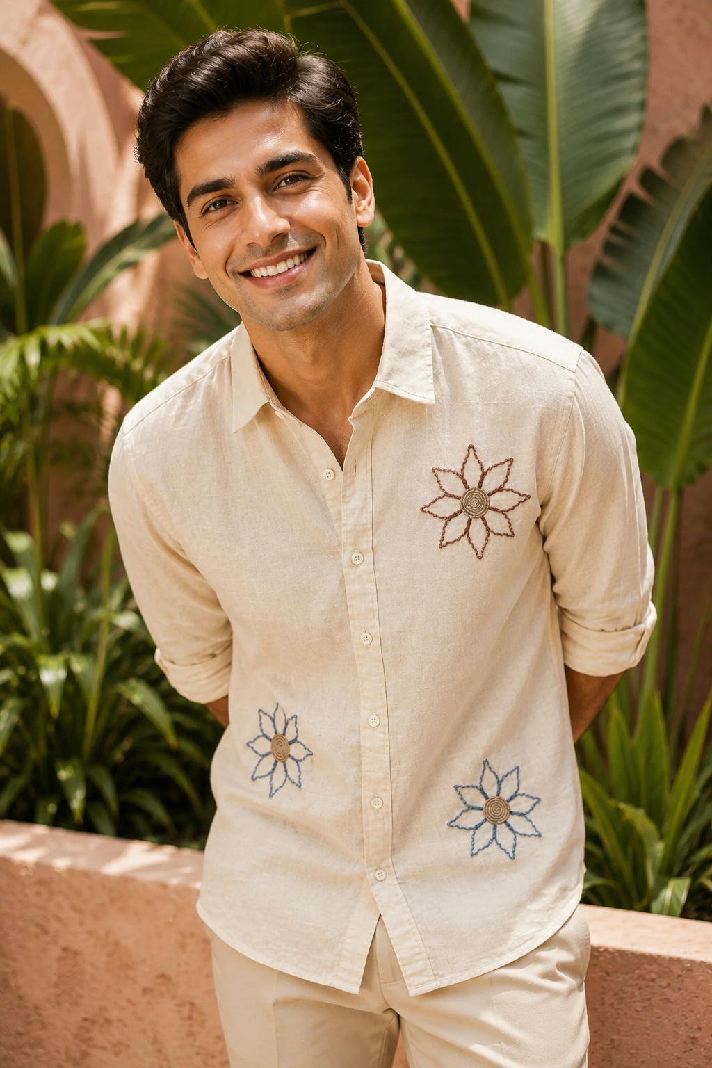 Goamen Premium Beige Floral Embroidered Linen Shirt