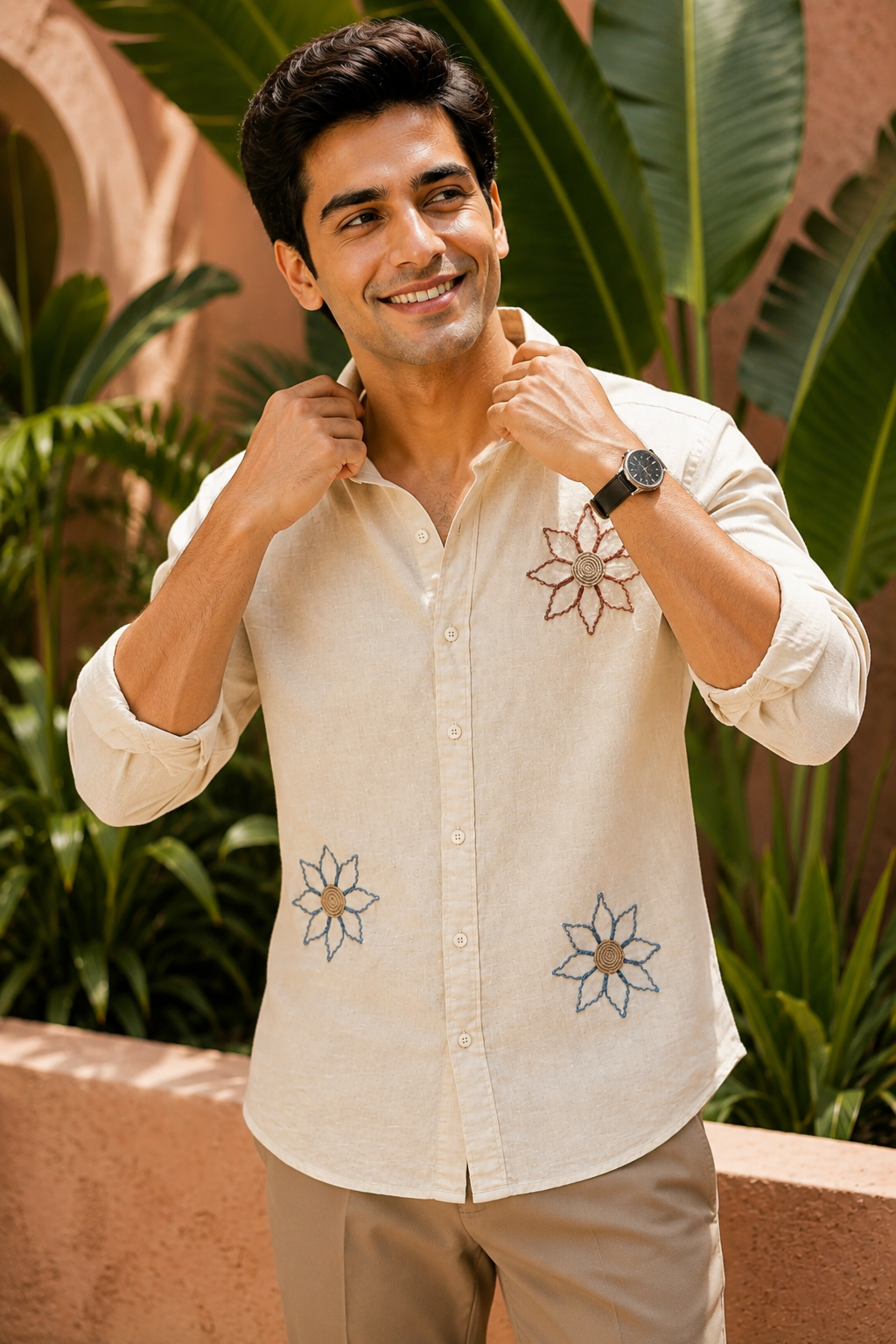 Goamen Premium Beige Floral Embroidered Linen Shirt