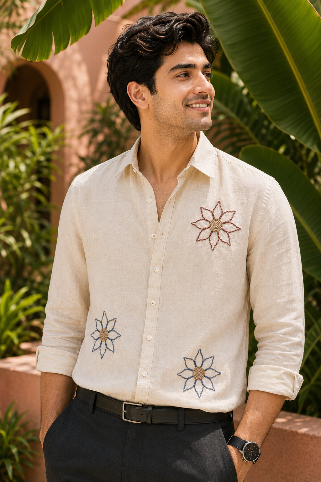 Goamen Premium Beige Floral Embroidered Linen Shirt
