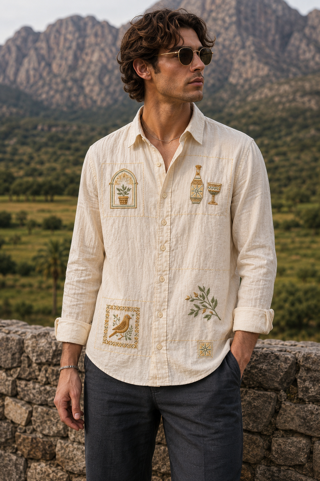 Goamen Heritage Beige Artistic Patch Embroidered Linen Shirt