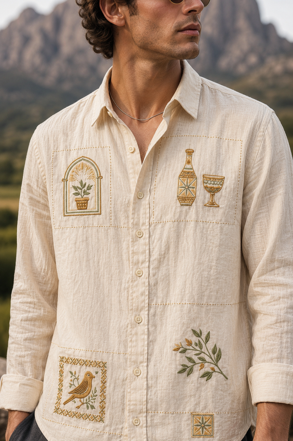Goamen Heritage Beige Artistic Patch Embroidered Linen Shirt