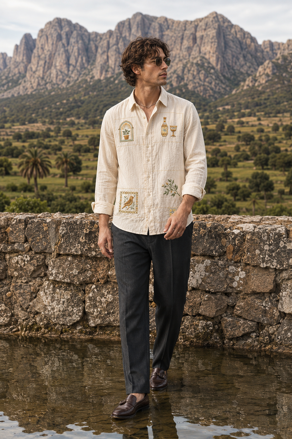 Goamen Heritage Beige Artistic Patch Embroidered Linen Shirt