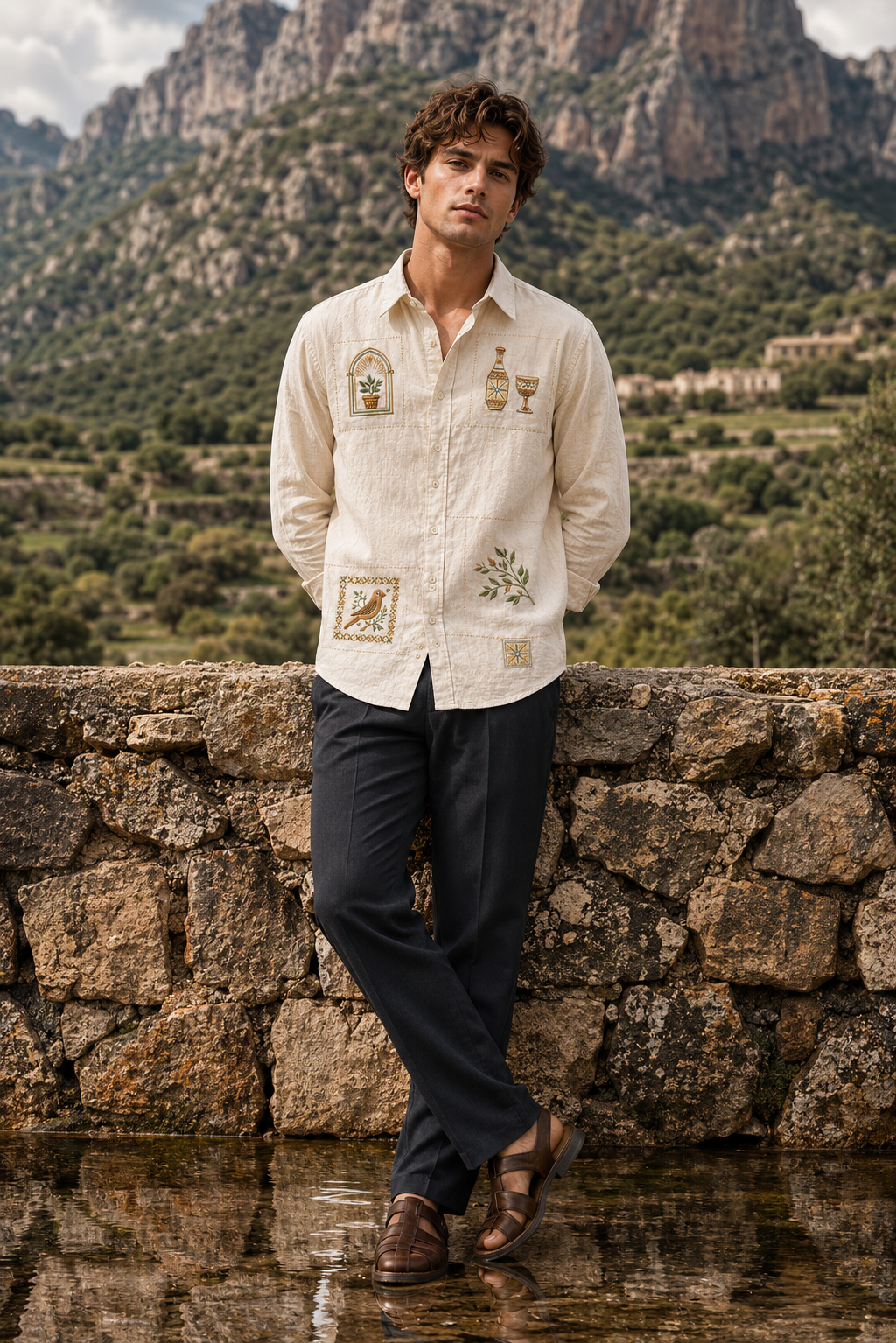 Goamen Heritage Beige Artistic Patch Embroidered Linen Shirt