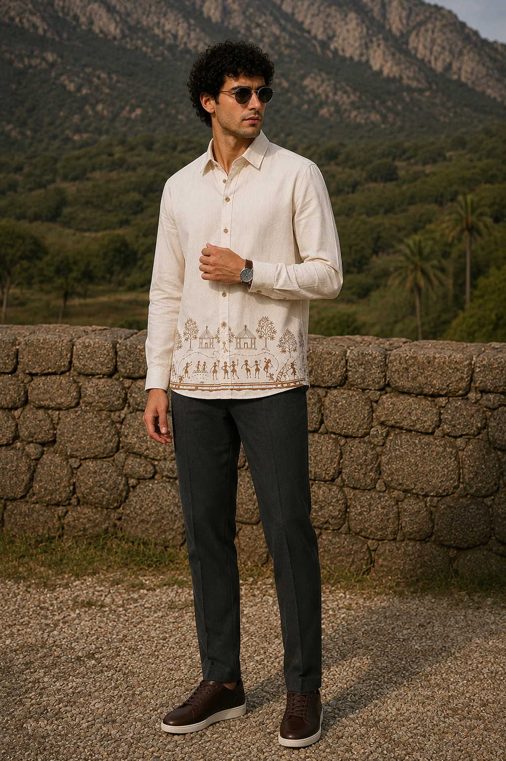 Goamen Heritage Beige Warli Art Printed Linen Shirt