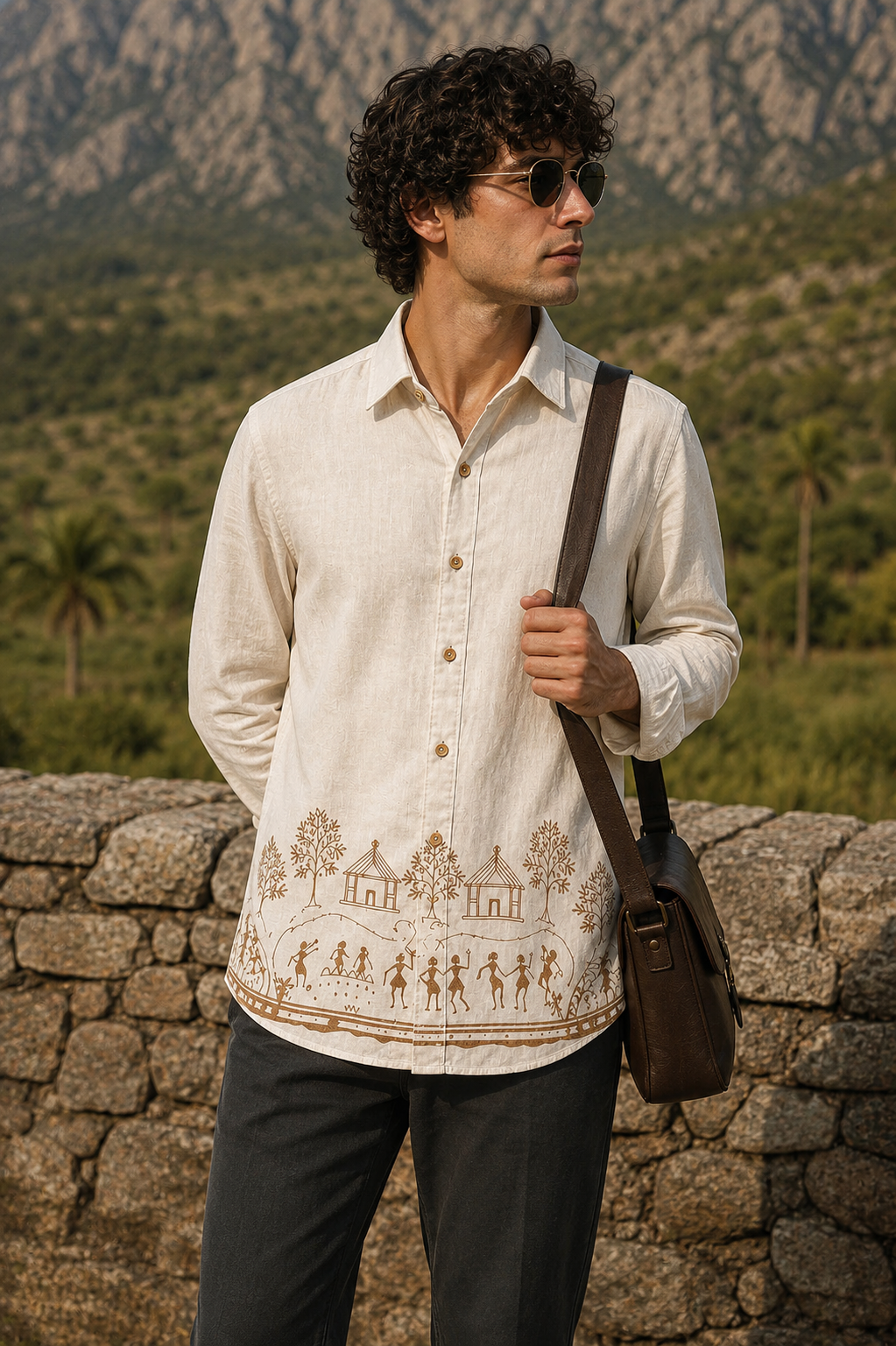 Goamen Heritage Beige Warli Art Printed Linen Shirt