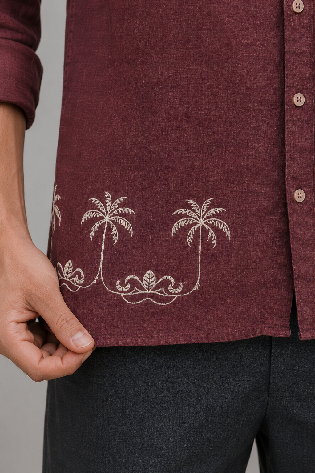 Goamen Premium Maroon Palm Tree Embroidered Linen Shirt