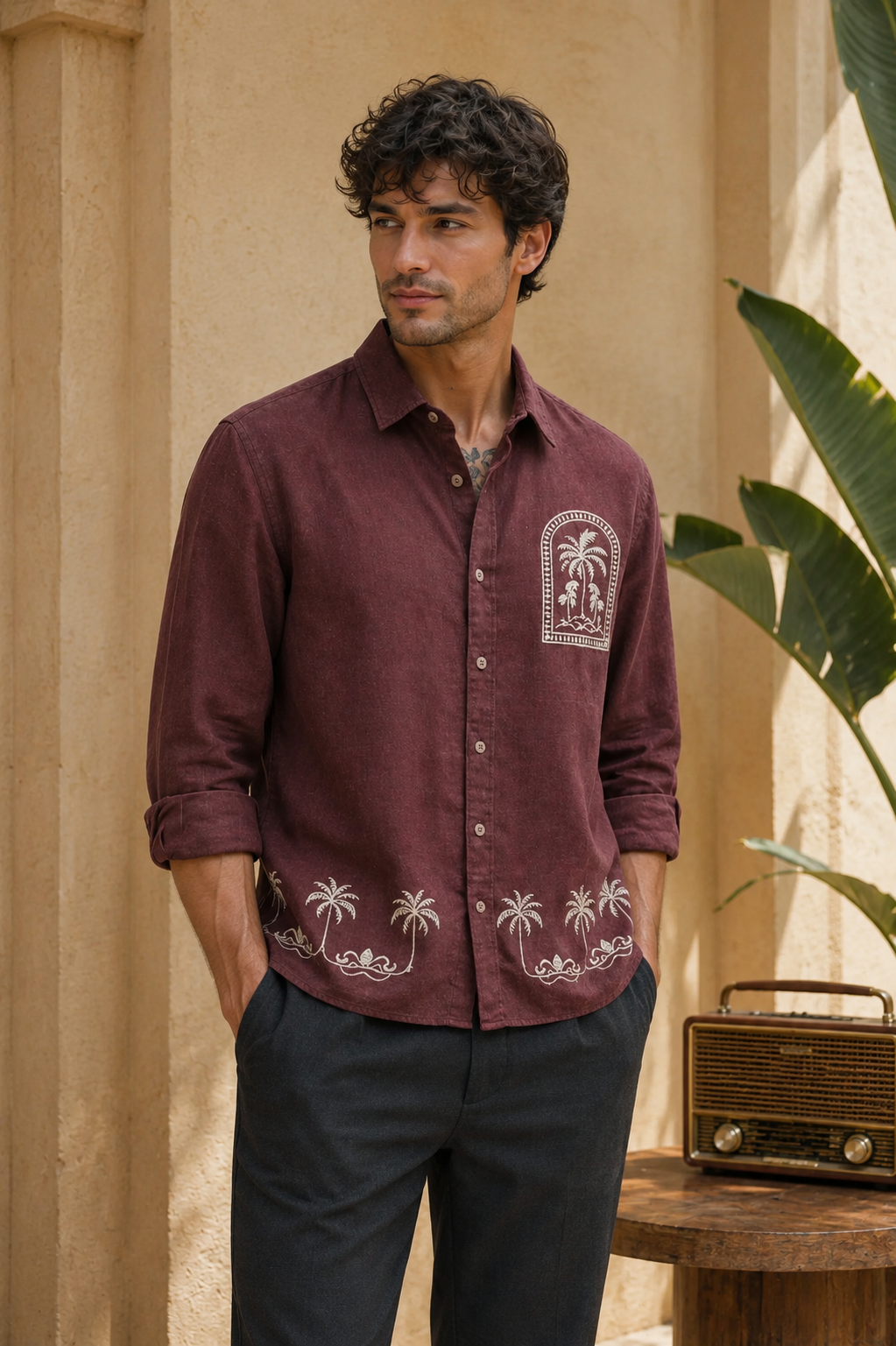 Goamen Premium Maroon Palm Tree Embroidered Linen Shirt
