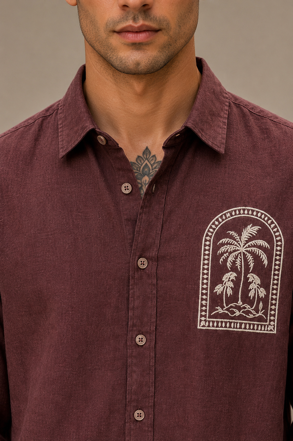 Goamen Premium Maroon Palm Tree Embroidered Linen Shirt
