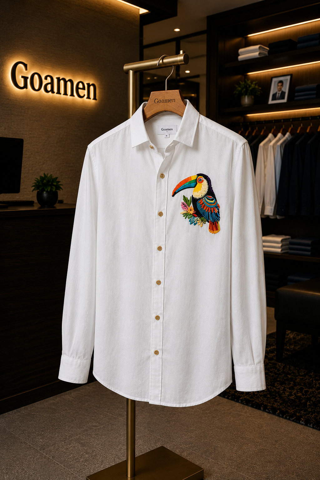 Goamen Tropical Toucan White Linen Shirt