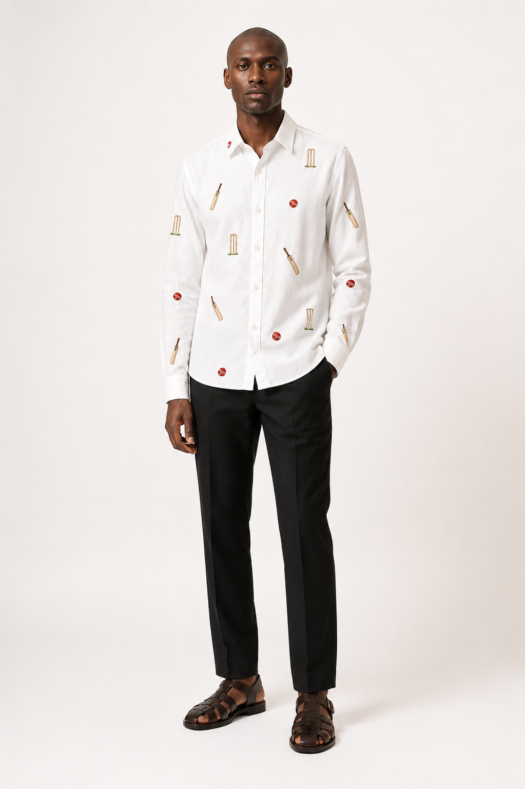 Men’s White Cricket Embroidered Full Sleeve Shirt