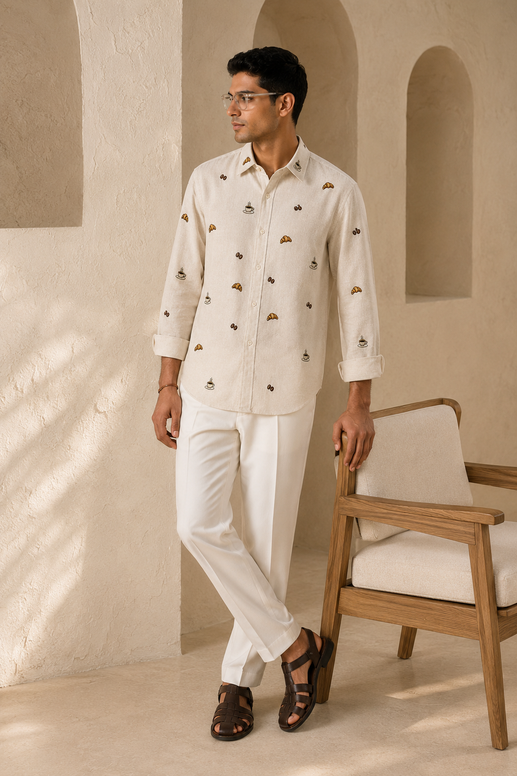 Men’s Cream Café Embroidered Full Sleeve Shirt