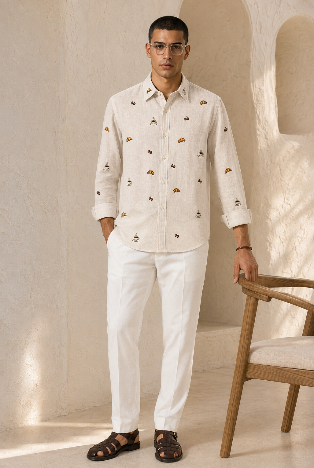 Men’s Cream Café Embroidered Full Sleeve Shirt