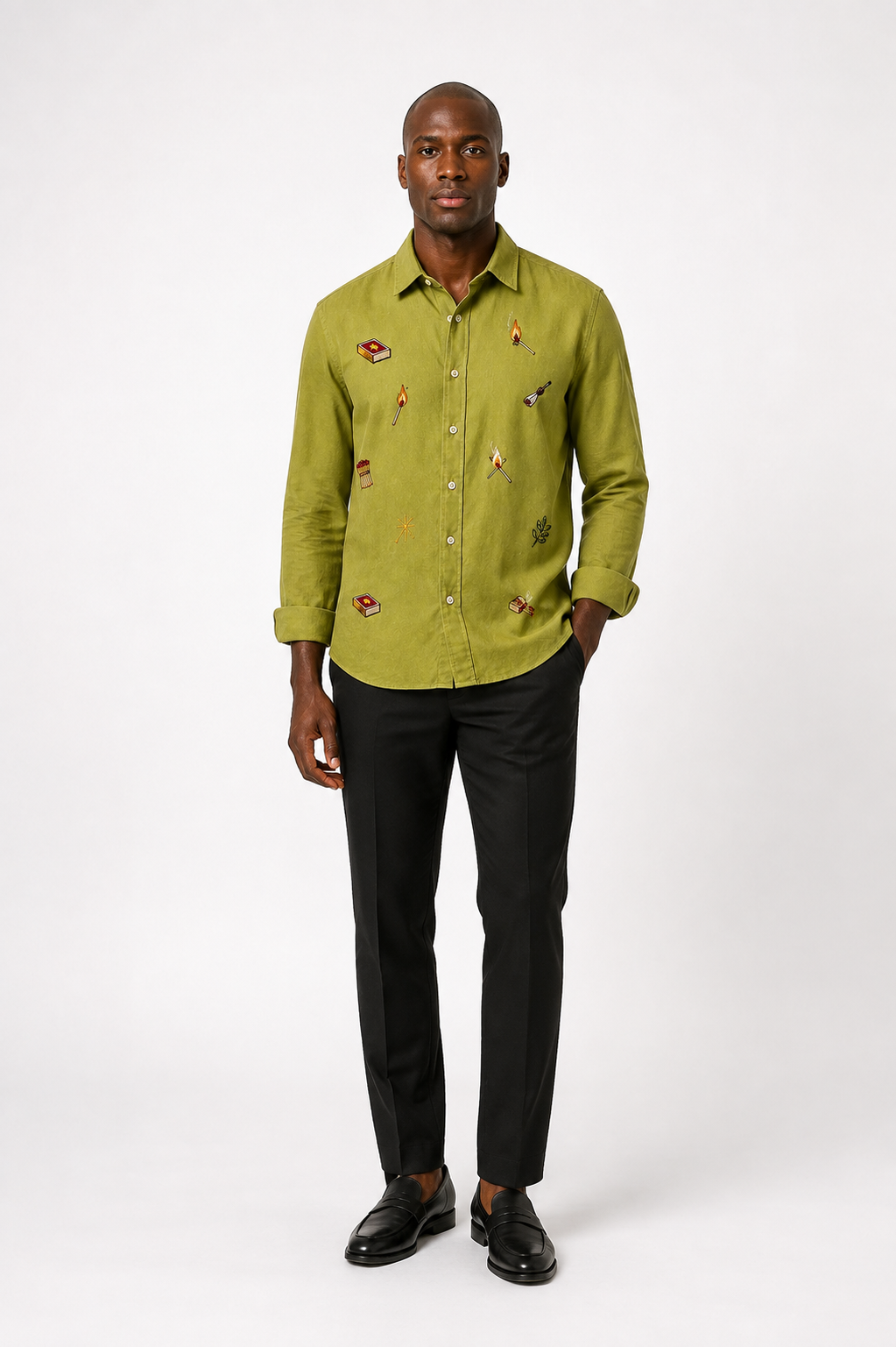 Men’s Olive Green Matchbox Embroidered Full Sleeve Shirt