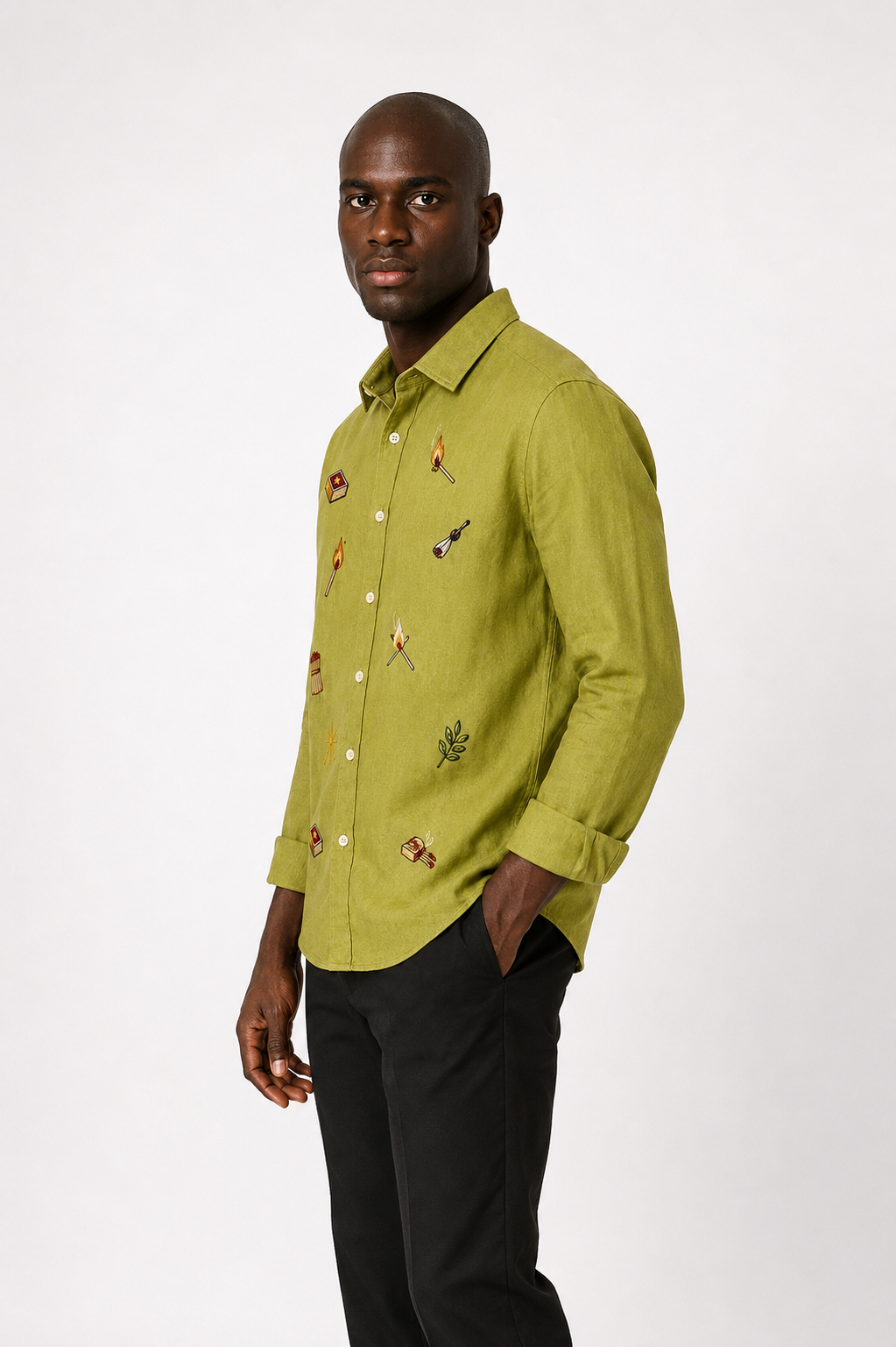 Men’s Olive Green Matchbox Embroidered Full Sleeve Shirt