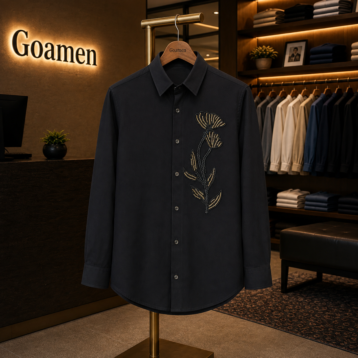 Men’s Black Floral Stem Beads Work Full Sleeve Shirt