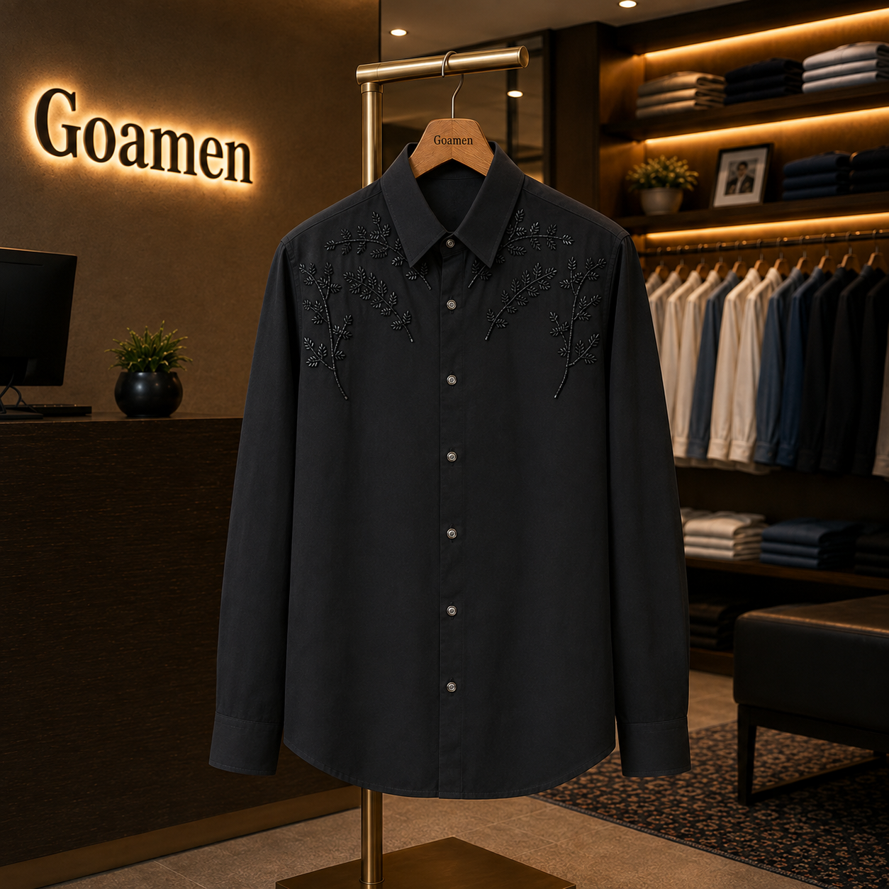 Men’s Black Leaf Beads Work Full Sleeve Shirt