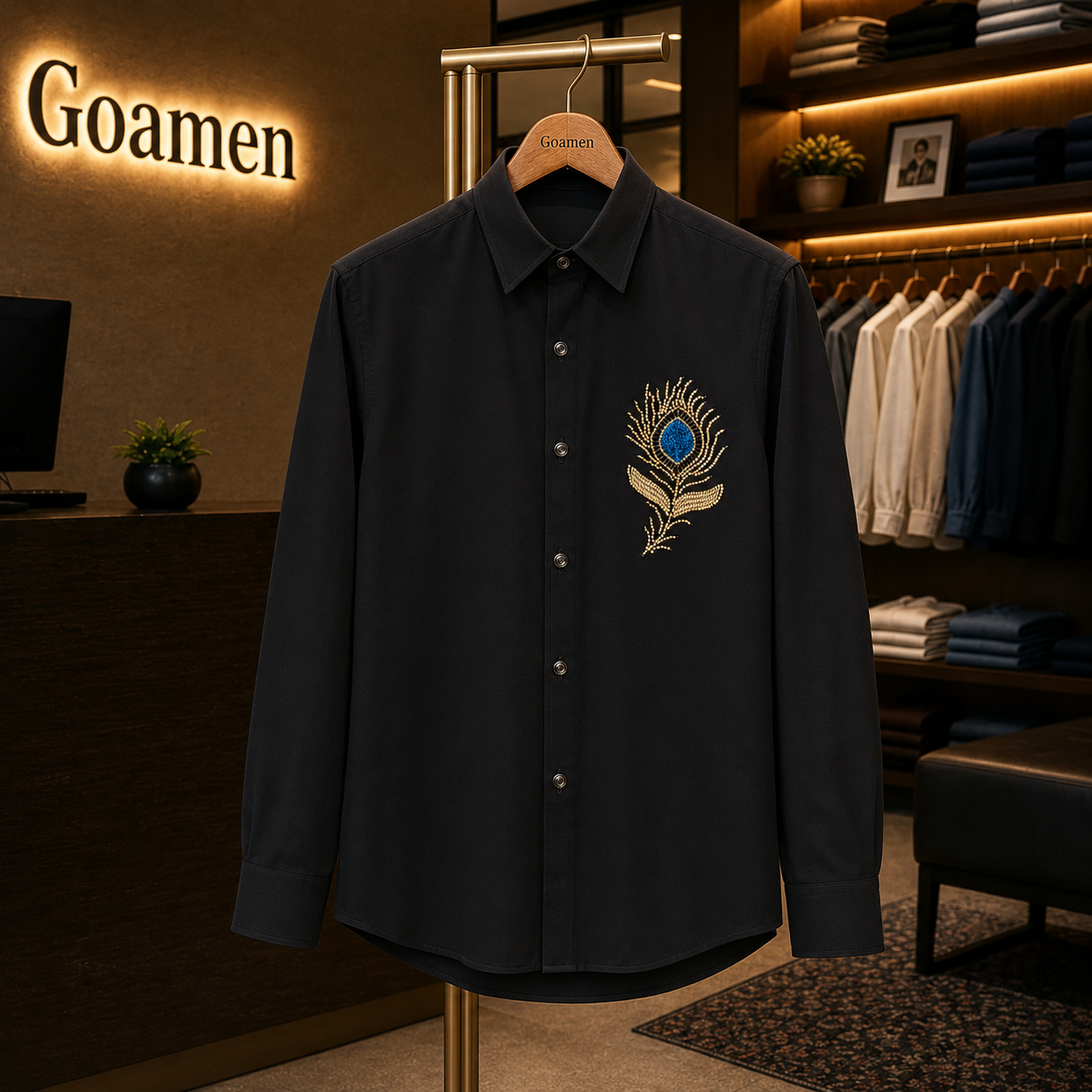 Men’s Black Peacock Feather Beads Work Full Sleeve Shirt