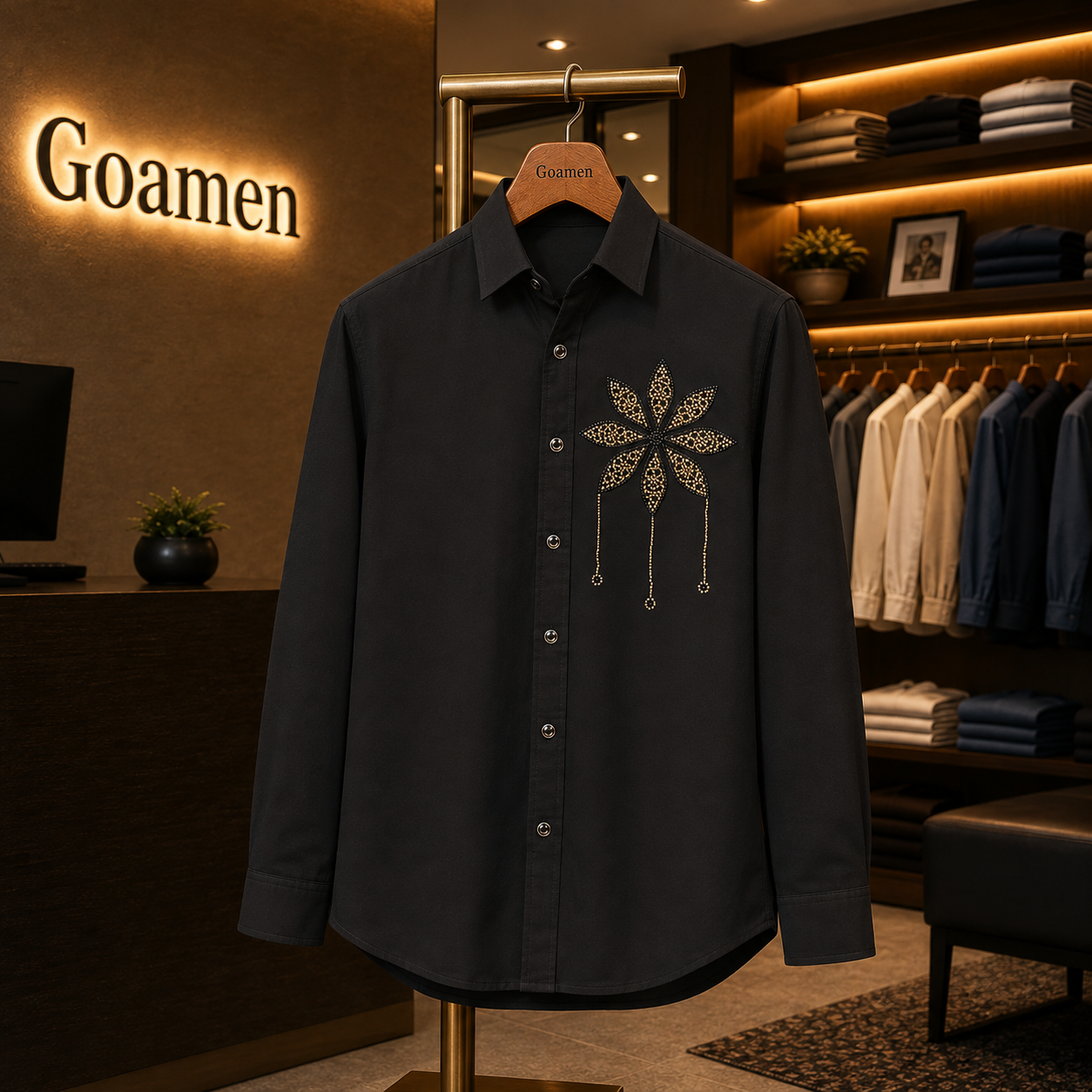 Men’s Black Royal Floral Beads Work Full Sleeve Shirt