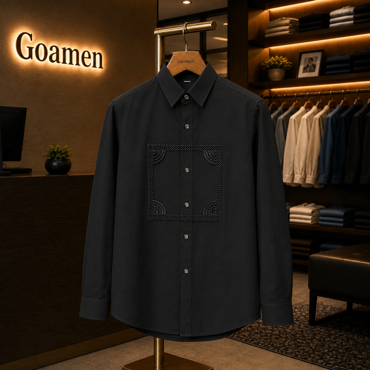 Men’s Black Geometric Beads Work Full Sleeve Shirt
