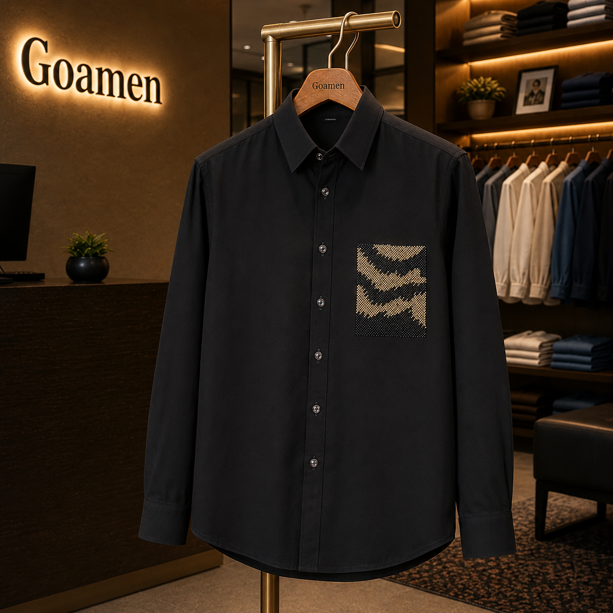 Men’s Black Abstract Patch Beads Work Full Sleeve Shirt
