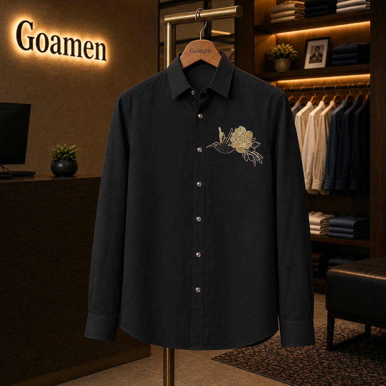 Men’s Black Rose Beads Work Full Sleeve Shirt