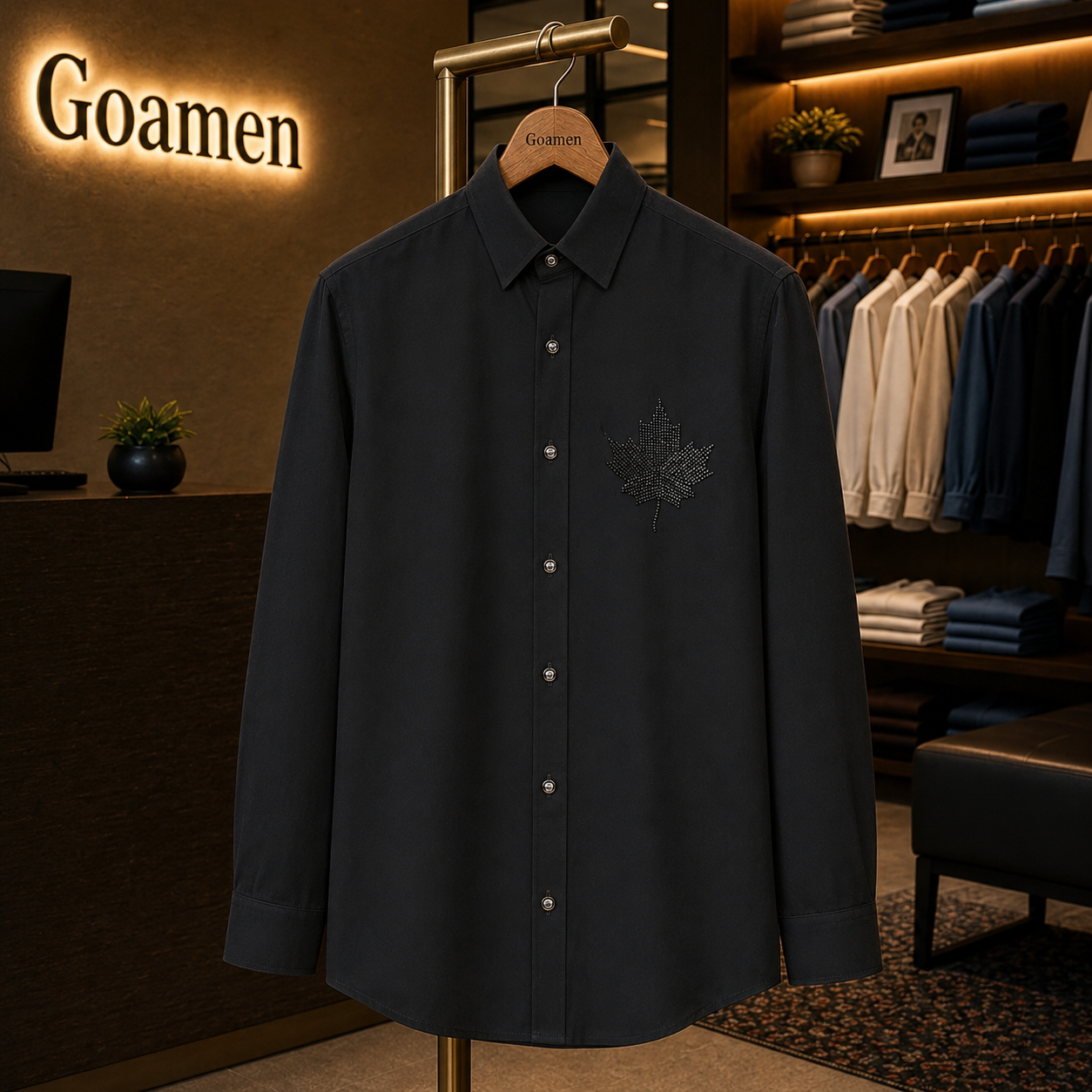 Men’s Black Maple Leaf Beads Work Full Sleeve Shirt