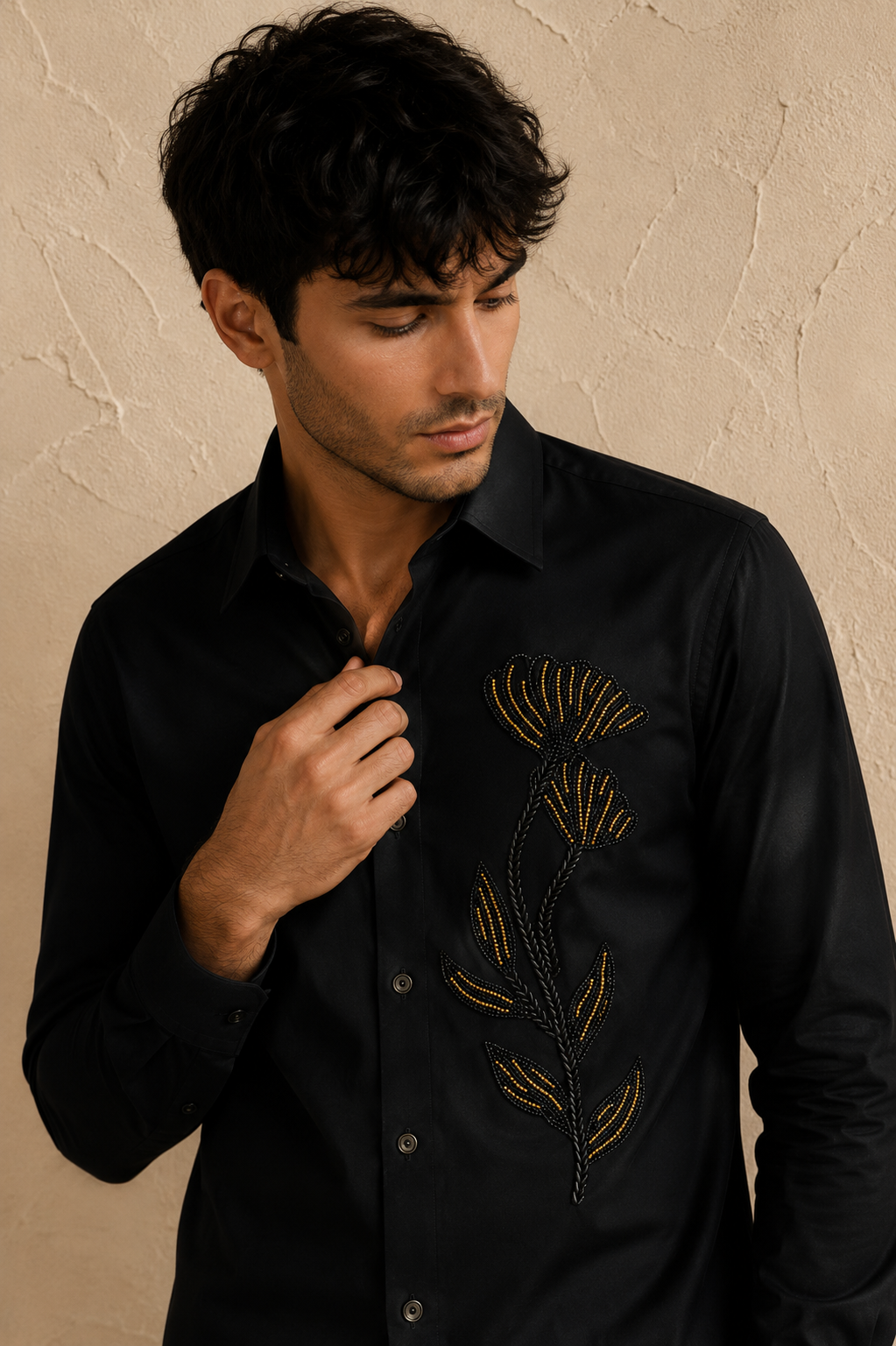 Men’s Black Floral Stem Beads Work Full Sleeve Shirt