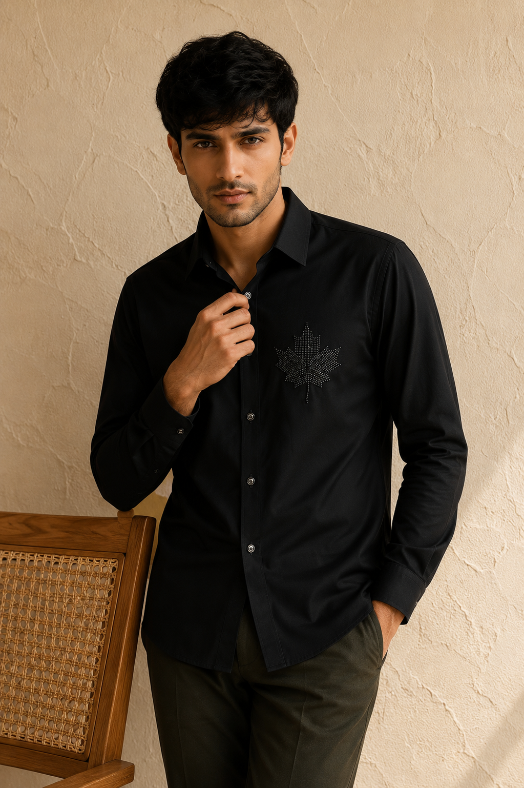 Men’s Black Maple Leaf Beads Work Full Sleeve Shirt