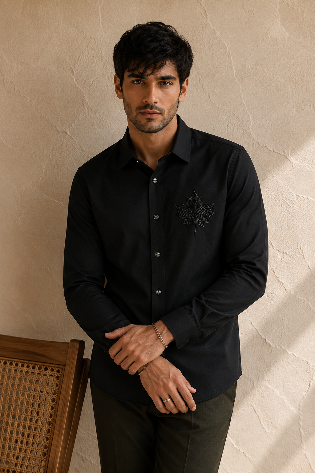 Men’s Black Maple Leaf Beads Work Full Sleeve Shirt