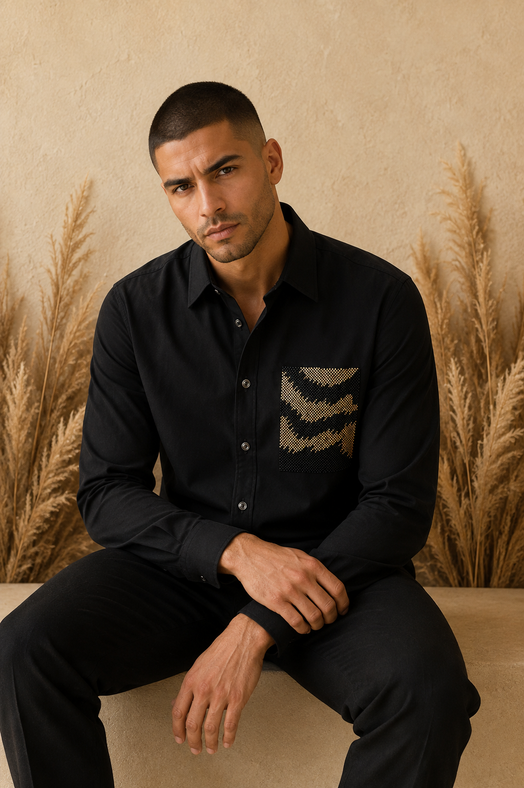 Men’s Black Abstract Patch Beads Work Full Sleeve Shirt