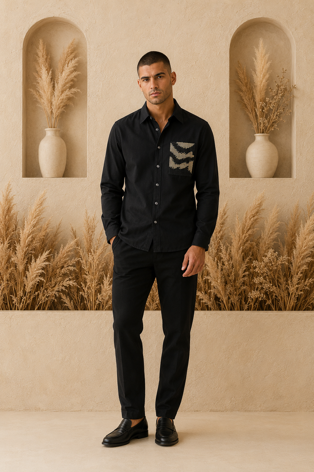 Men’s Black Abstract Patch Beads Work Full Sleeve Shirt