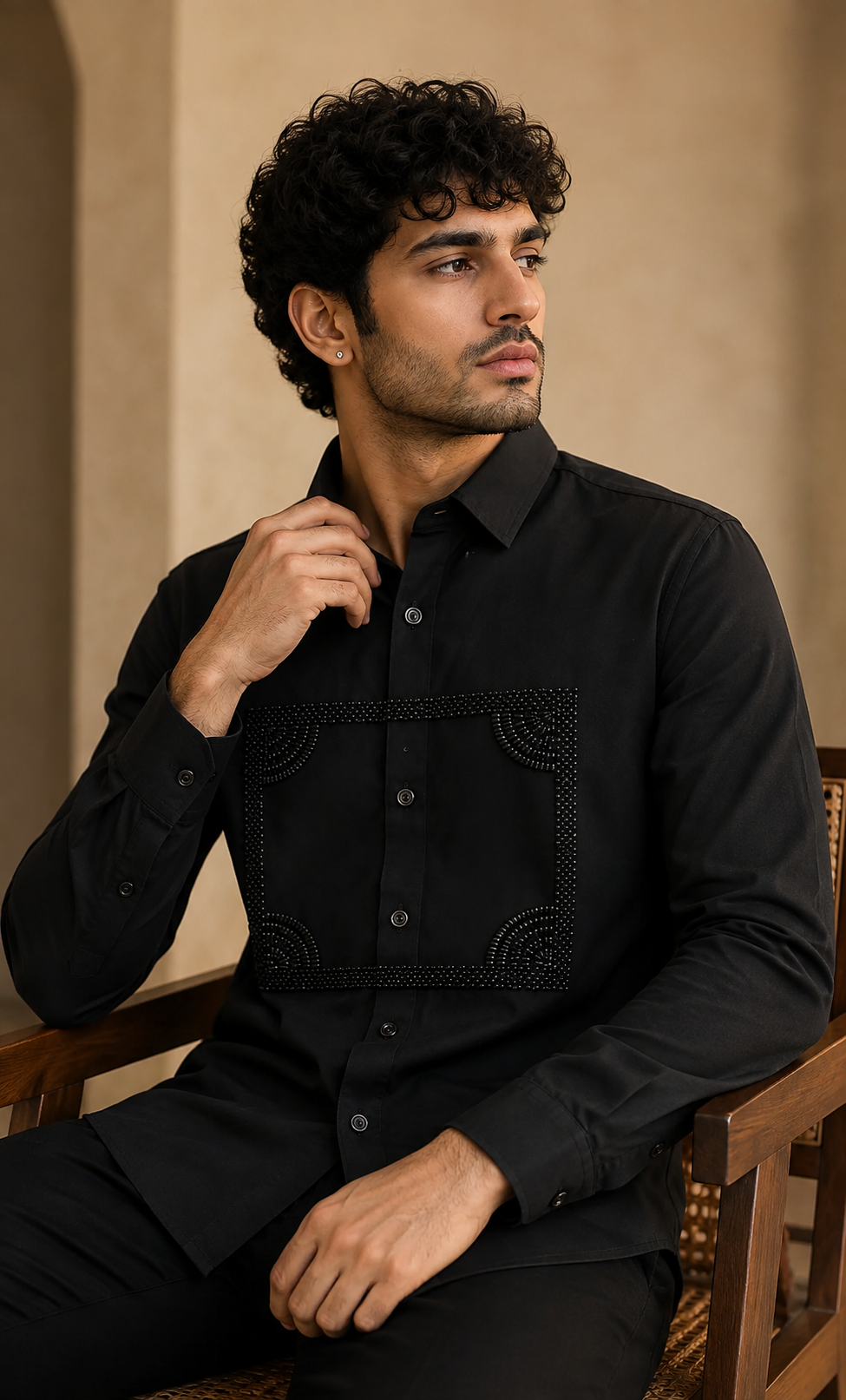 Men’s Black Geometric Beads Work Full Sleeve Shirt