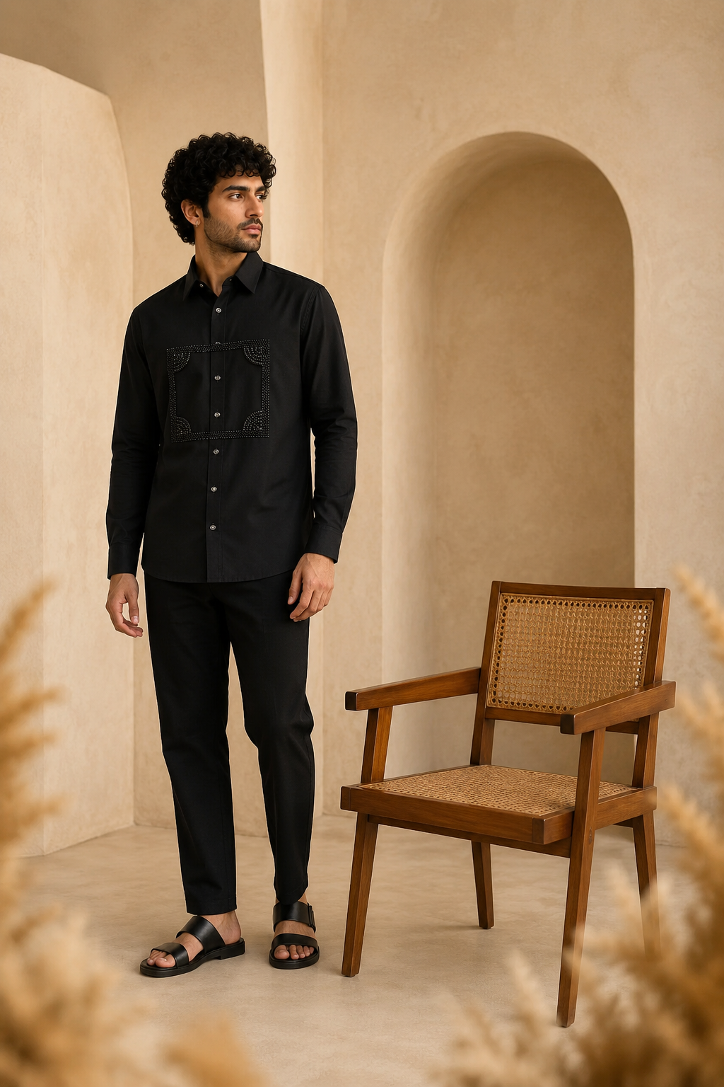 Men’s Black Geometric Beads Work Full Sleeve Shirt