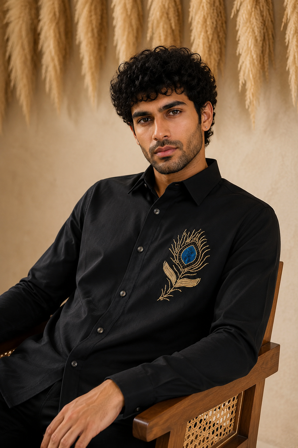 Men’s Black Peacock Feather Beads Work Full Sleeve Shirt