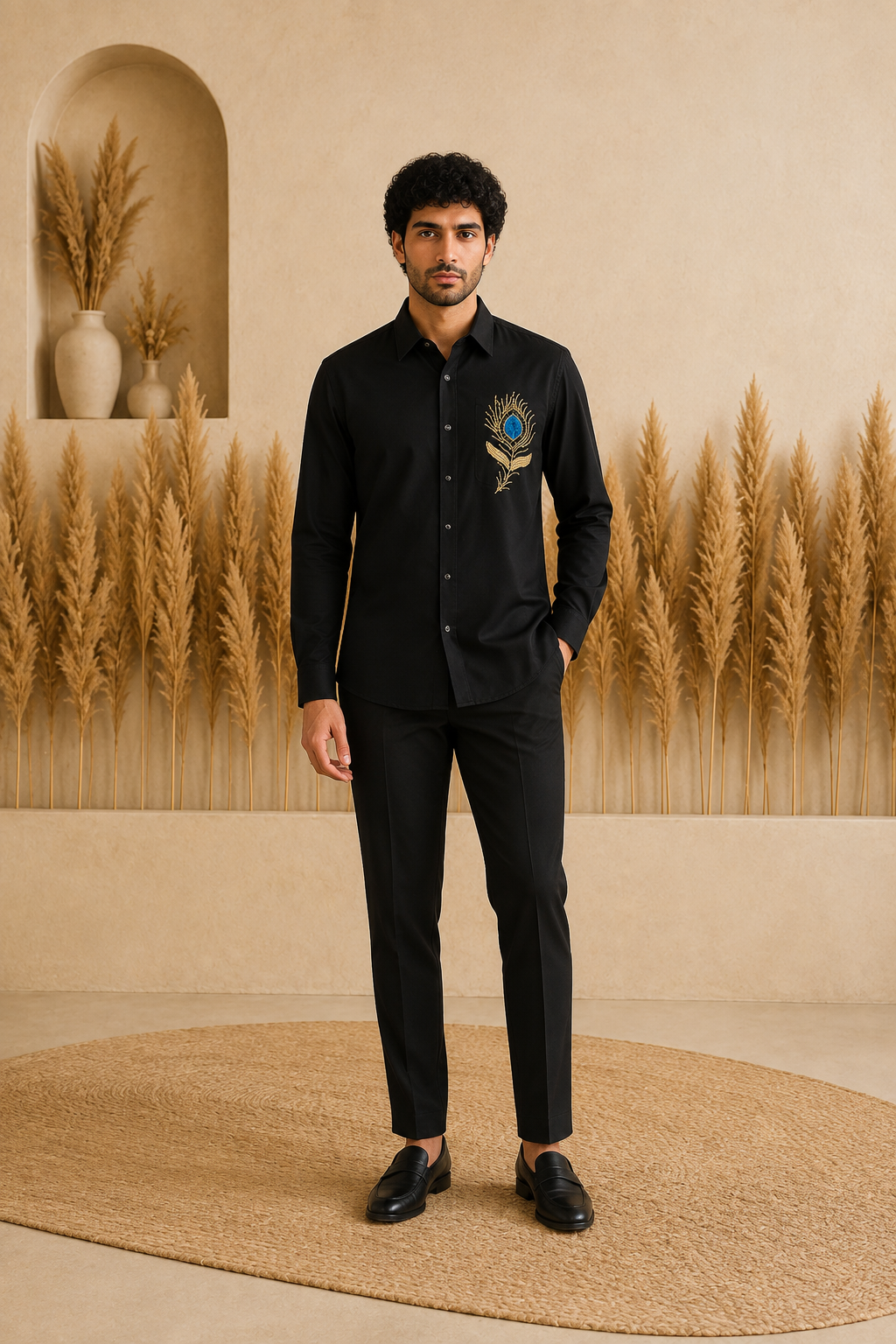 Men’s Black Peacock Feather Beads Work Full Sleeve Shirt