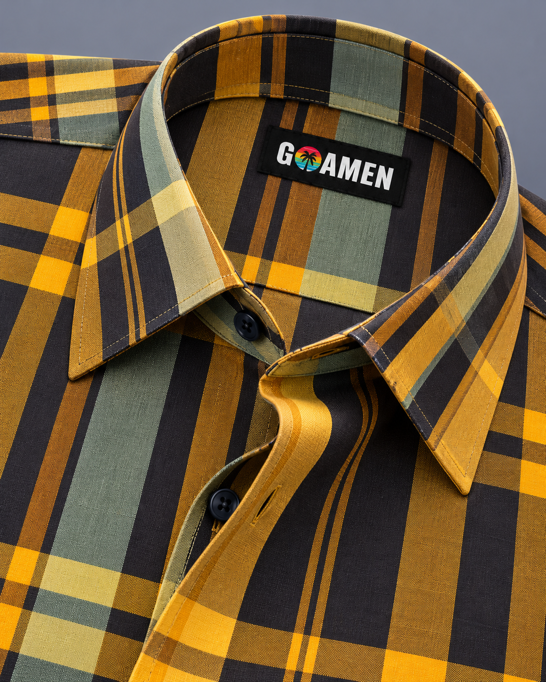 GOAMEN Men's Mustard & Charcoal Plaid Check Shirt