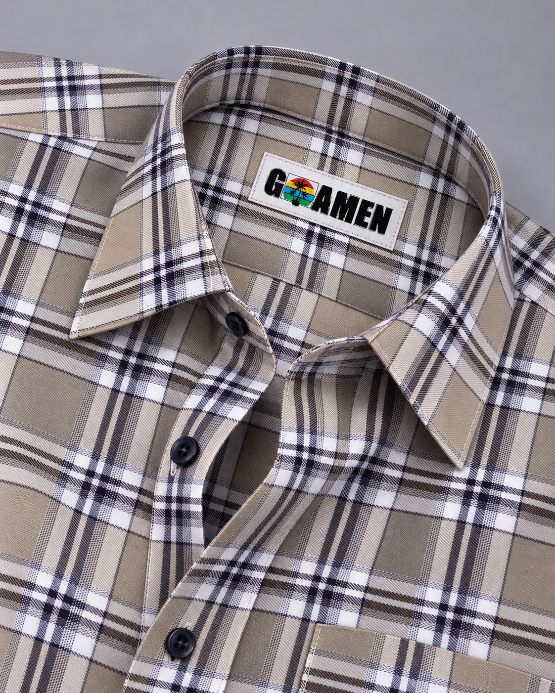 GOAMEN Men's Taupe, White & Navy Blue Plaid Check Shirt