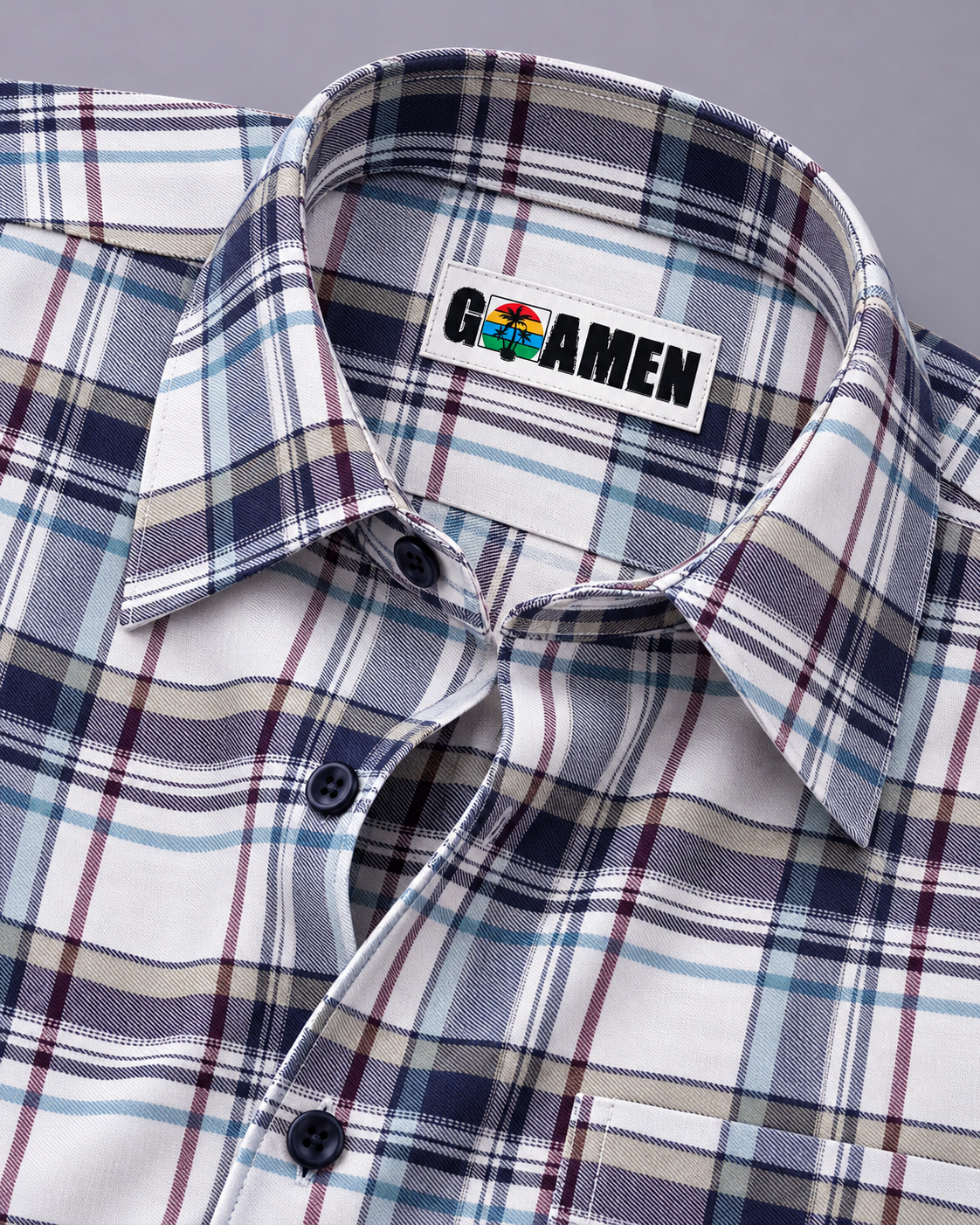 GOAMEN Men's Navy Blue, Teal & Burgundy Plaid Check Shirt