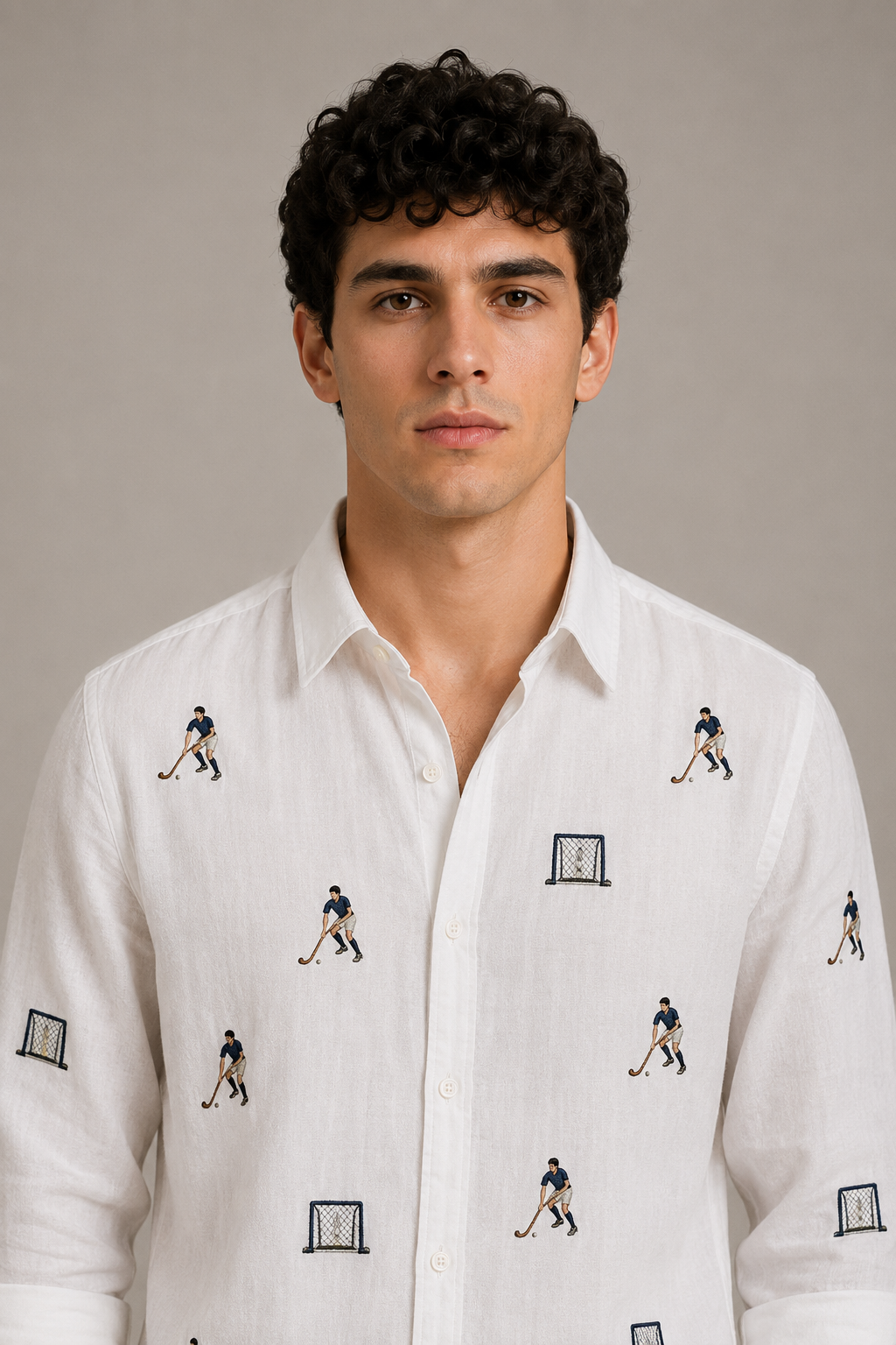 Men’s White Hockey Embroidered Full Sleeve Shirt