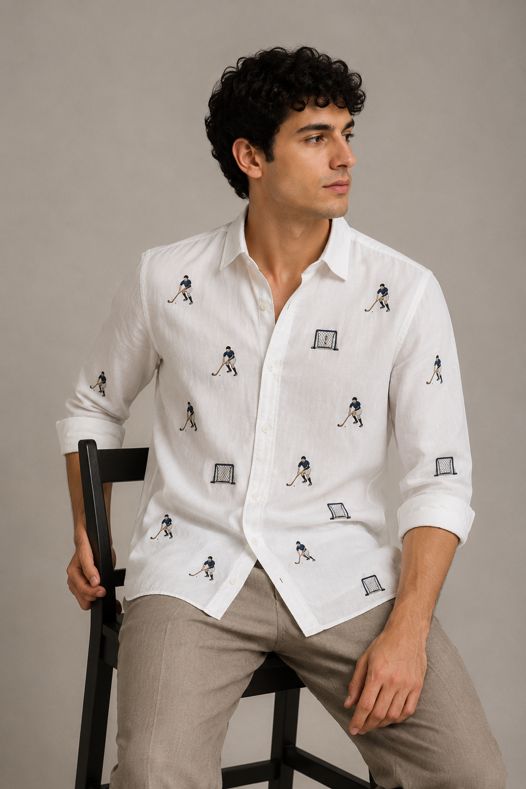 Men’s White Hockey Embroidered Full Sleeve Shirt