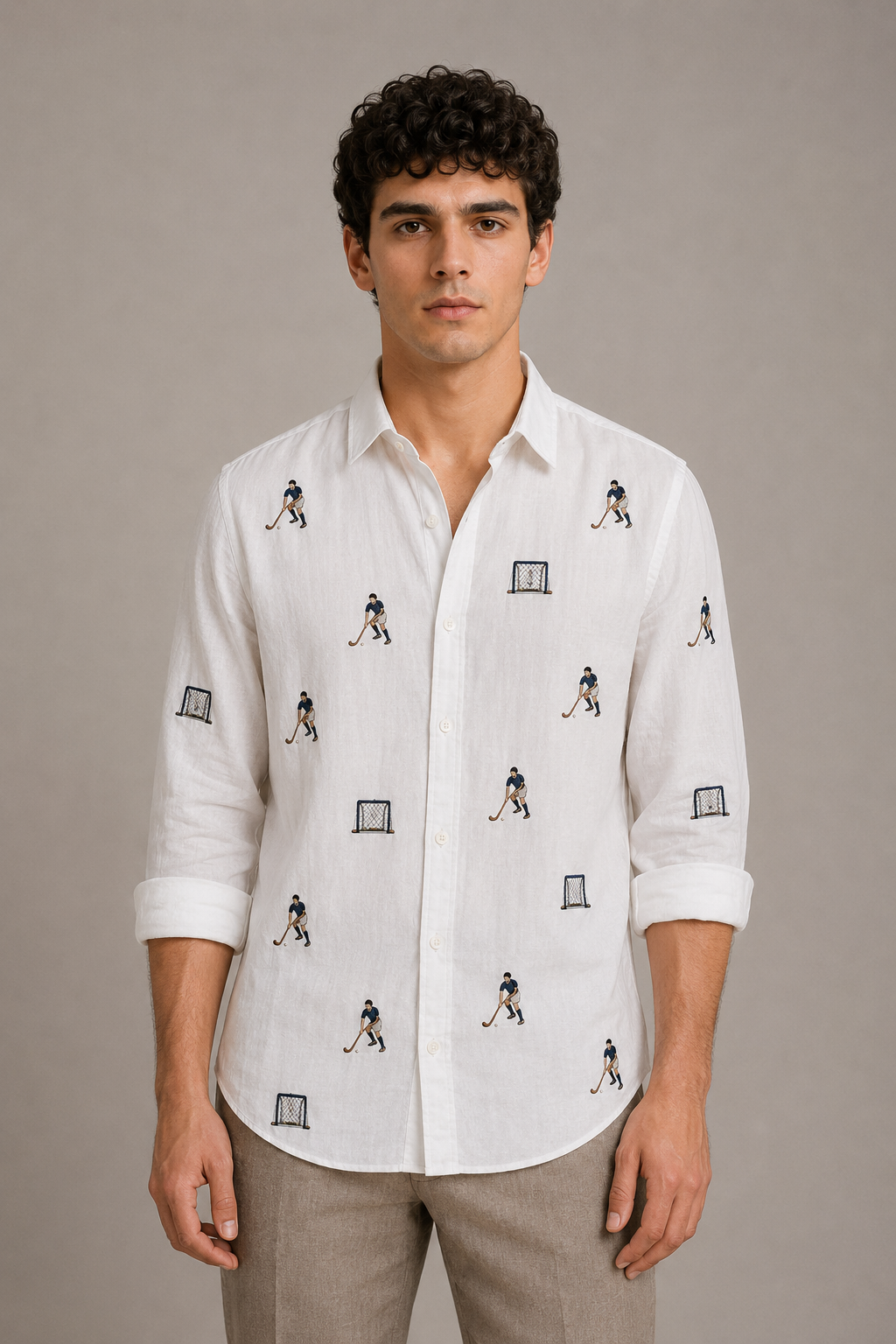 Men’s White Hockey Embroidered Full Sleeve Shirt